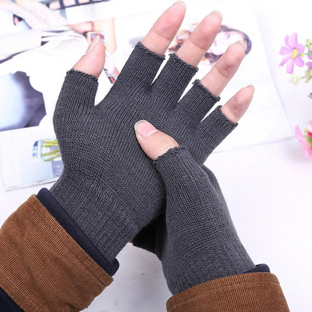 Top Trends: Unisex Winter Warm Knitted Half Finger Gloves Women Men's Solid Black Gray Fingerless Stretchy Elastic Mittens Guantes Mujer Shoppable Styles