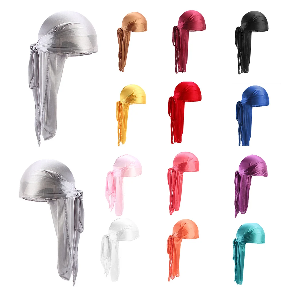 Top Trends: 2019 New Unisex Long Silk Satin Breathable Turban Hat Wigs Doo Durag Biker Headwrap Chemo Cap Pirate Hat Men Hair Accessories Shoppable Styles