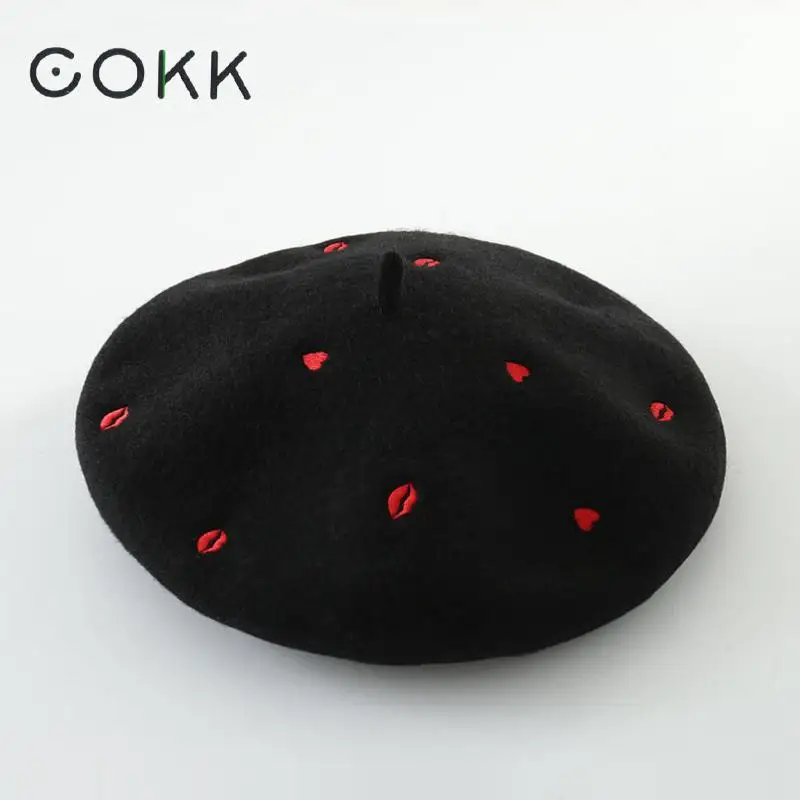 Top Trends: COKK Autumn Winter Hats For Women Lady Wool Beret Embroidered Red Heart Lip Flat Cap Painter Hat Female Boina Soft Gorras Planas Shoppable Styles