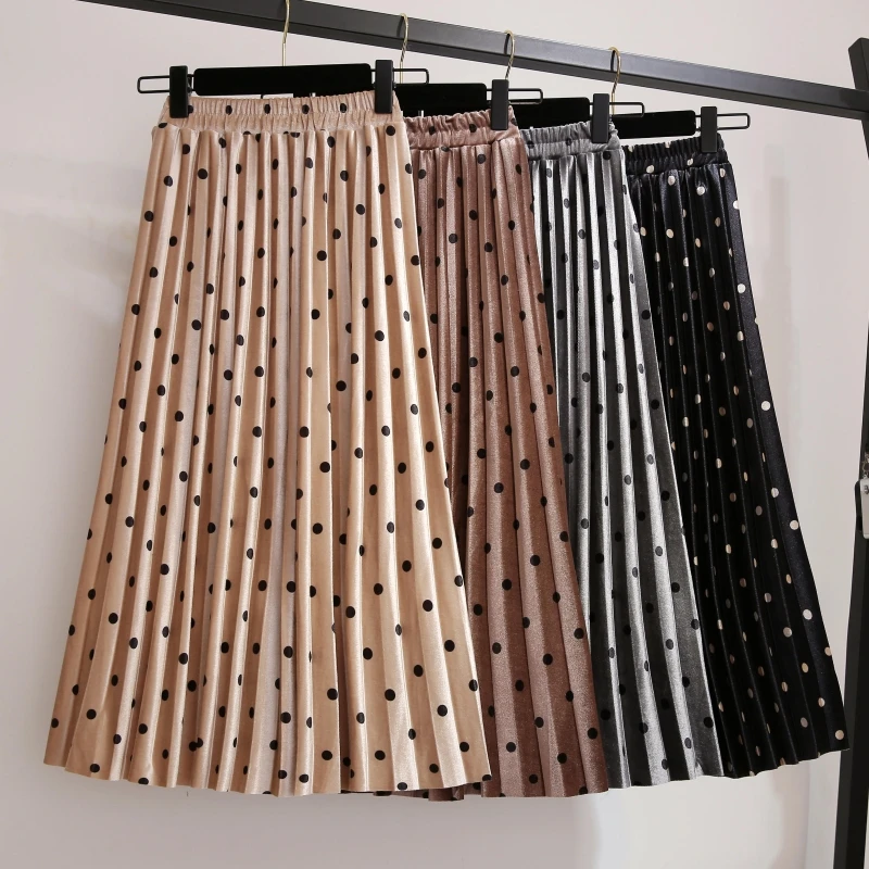 Top Trends: Pleated Skirts Women Spring Autumn Saia Midi High Waist Faldas Mujer Moda Plus Size Jupe Femme Vintage Velvet Dots Ladies Skirt Shoppable Styles