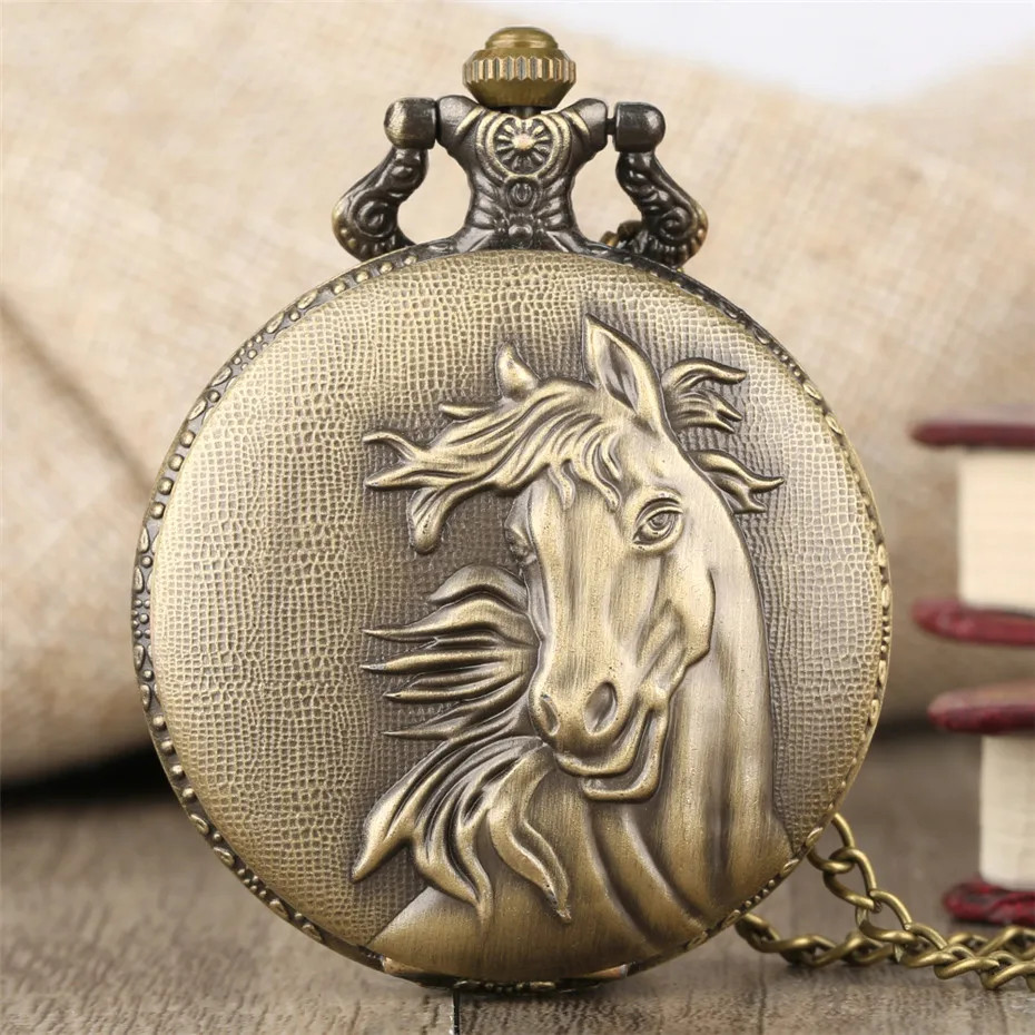 Top Trends: Vintage Bronze Pocket Watch Quartz Retro Horse Full Hunter Pendant Watch With Fob Necklace Chain Best Gift For Men Women Reloj Shoppable Styles