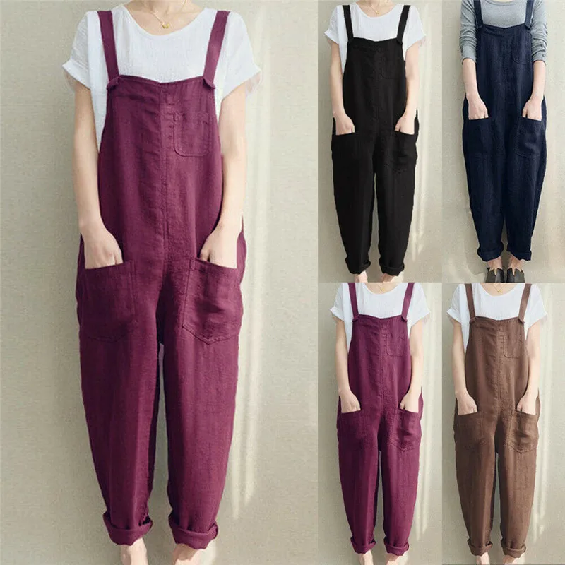 Top Trends: 4XL Womens Sleeveless Dungarees Rompers Cotton Linen Jumpsuit Loose Preppy Style Pants Casual Pocket Overalls Playsuits Shoppable Styles