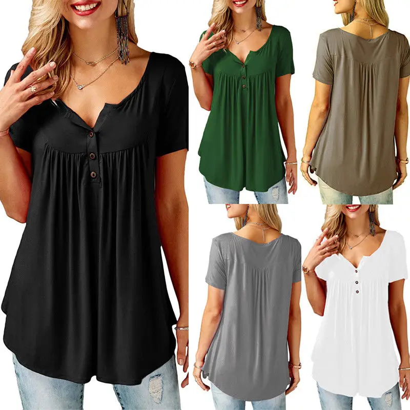 Top Trends: Womens Casual Short Sleeve Loose T-Shirts Solid Color Button Pleated Tunic Tops V-neck Female Pullover Tops Summer Clothes Shoppable Styles