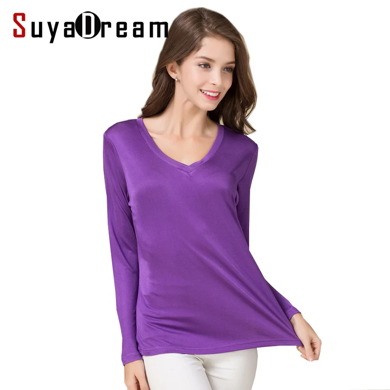 Top Trends: SuyaDream Women T Shirt Natural Silk Long Sleeves V Neck Solid Basic Shirt Pink Blue Purple Bottoming Top Shoppable Styles