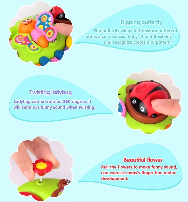 värviline beebimänguasi putukate ja lilledega, millel on pöörlev lepatriinu ja liblikas