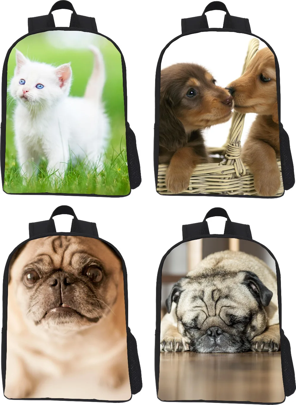 väike seljakott lastele, millel on kassipoja ja koerakutsikate pildid