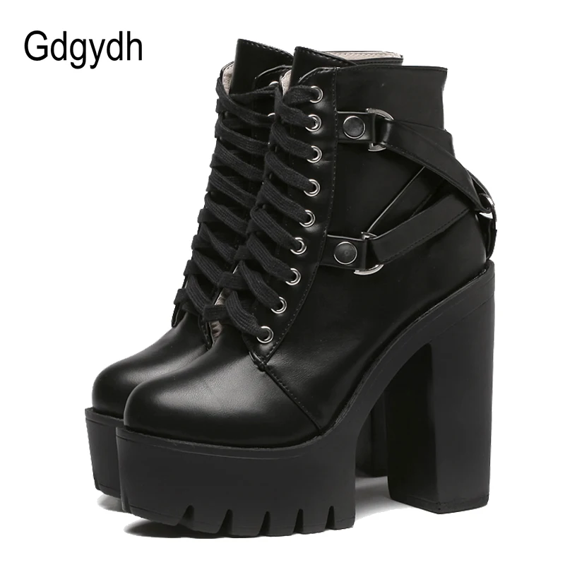 Top Trends: Gdgydh Fashion Black Boots Women Heel Spring Autumn Lace-up Soft Leather Platform Shoes Woman Party Ankle Boots High Heels Punk Shoppable Styles