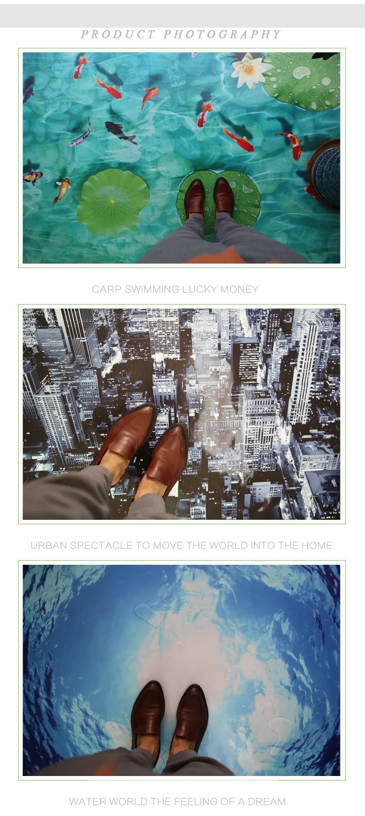 inimene seisab 3D põrandakattel, millel on kalade ja vesiroosidega veealune stseen