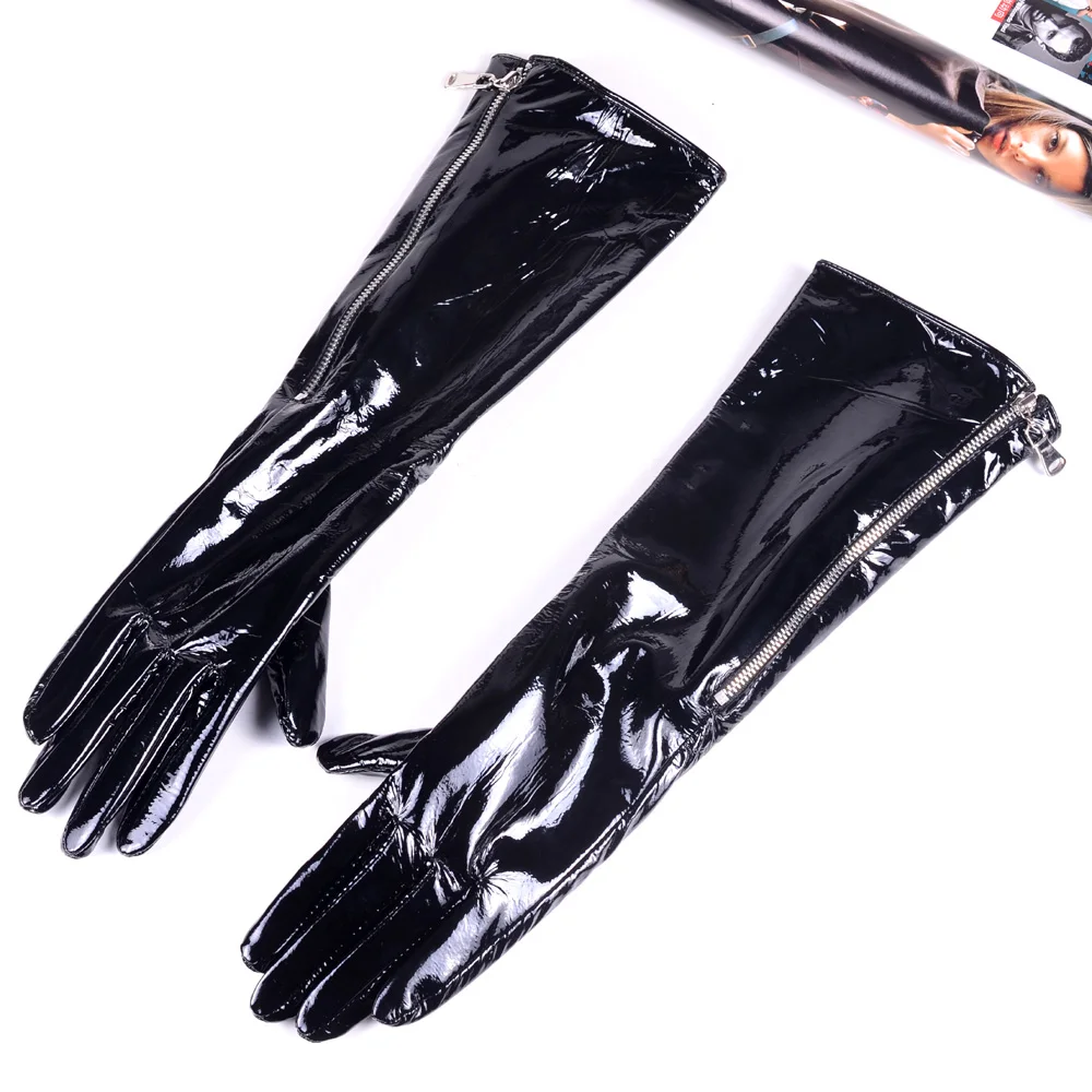 Top Trends: 30 40 50 60 70 80cm Women&#039;s Ladies Genuine Leather Shiny Black Patent Leather Zipper Gloves Party Evening Opera / long Gloves Shoppable Styles