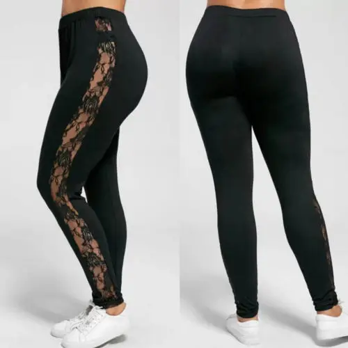 Top Trends: Sexy Womens Ladies Floral Lace Patchwork Side Panel Cut Out Black Empire Leggings Plus Size Shoppable Styles