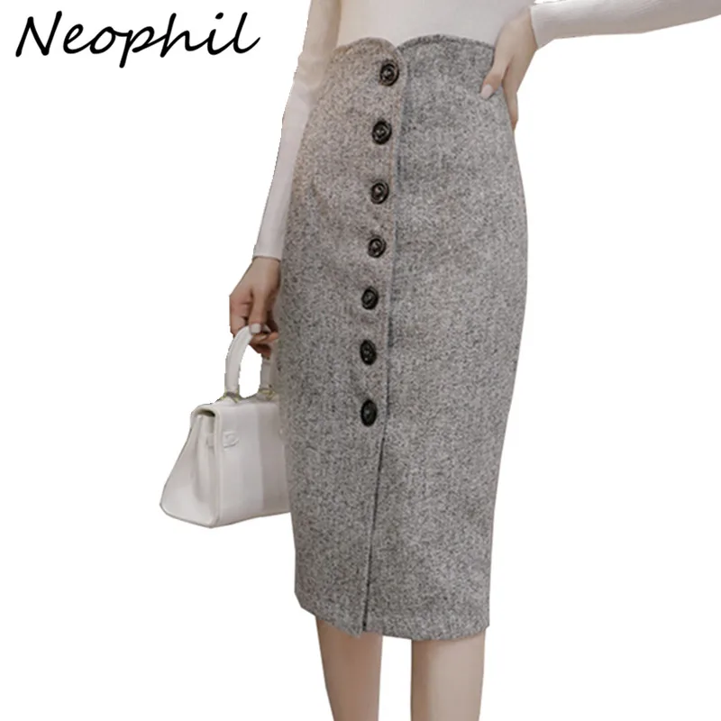 Top Trends: Neophil High Waist Woolen Button Pencil Midi Skirts Office Ladies Office Elegant Grey 2023 Winter Wool Wrap Skirts Faldas S1738 Shoppable Styles