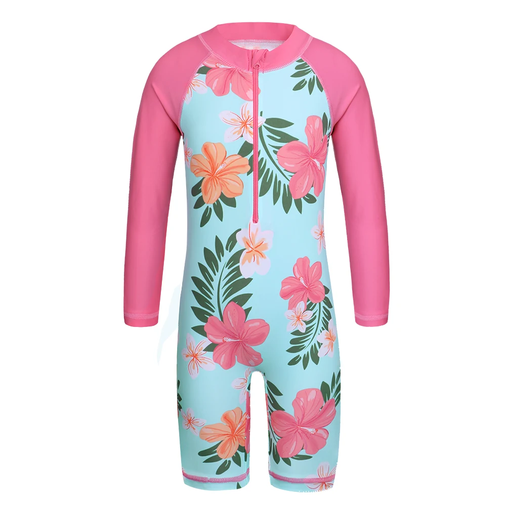 Top Trends: BAOHULU Cyan Floral Long Sleeve Girls Swimwear One Piece Children Swimming Suits UPF50+ Swimsuit Kids 4-11 Years Rash Guards Shoppable Styles