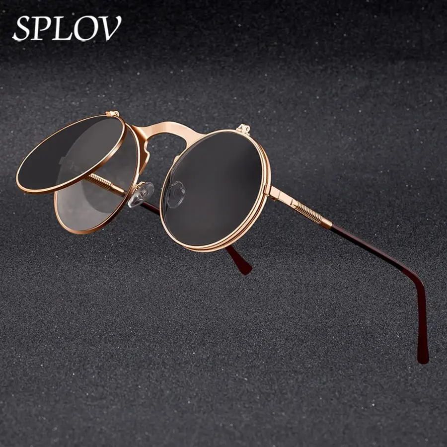 Top Trends: SPLOV Vintage Steampunk Flip Sunglasses Retro Round Metal Frame Sun Glasses For Men Women Brand Designer Circle Glasses Oculos Shoppable Styles