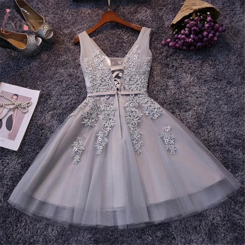 Top Trends: Silver Tulle Short Prom Dress Sexy Women V Neck Sleeveless Lace Applique A Line Backless Evening Party Dresses Cocktail Gown Shoppable Styles