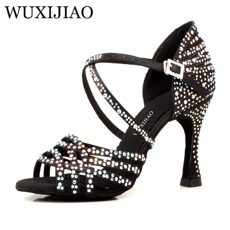 Top Trends: WUXIJIAO Women Salsa Party Ballroom Shoes Latin Dance Shoes Big Small Rhinestone Shining Skin Black Satin Cuba Heel 9cm Shoppable Styles