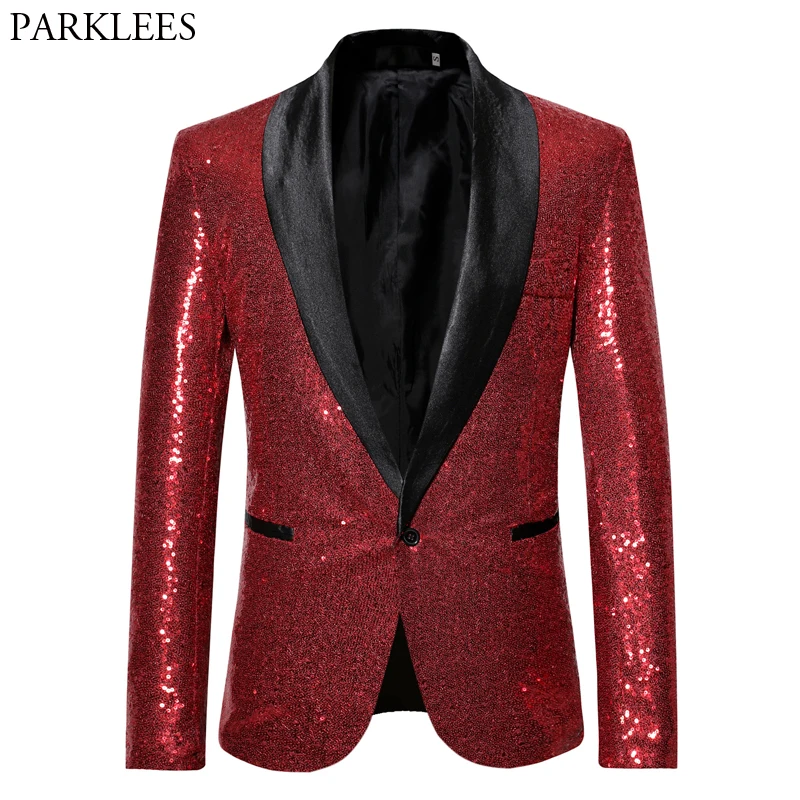 Top Trends: Shiny Red Sequin Bling Glitter Blazer Jacket Men 2023 New Shawl Collar One Button Nightclub Party Prom DJ Rock And Roll Costumes Shoppable Styles