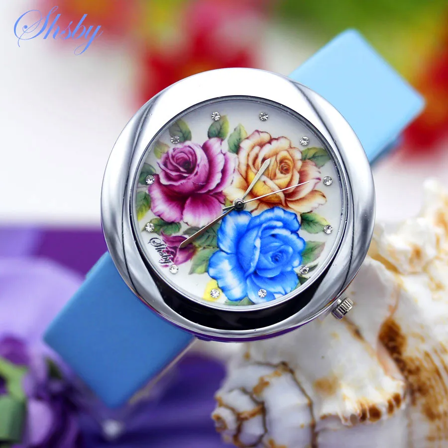 Top Trends: Shsby Brand Flowers Leather Strap Watches Women Dress Watch Girl Casual Quartz Wristwatch Lady Rhinestone Quartz Bracelet Watch Shoppable Styles