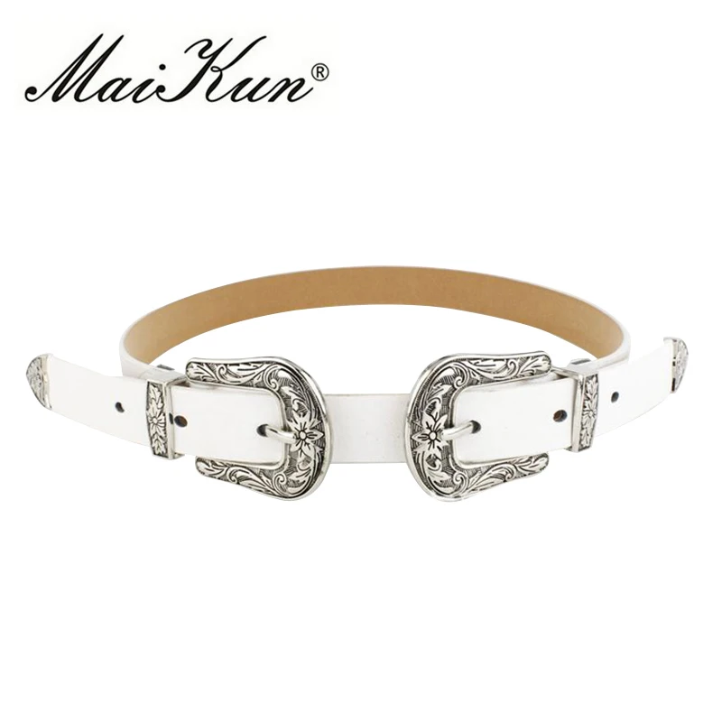 Top Trends: Maikun Fashion Vintage Double Pin Buckle Belts For Women Belt Brand Jeans Designer PU Leather Luxury Belt For Woman Cummerbunds Shoppable Styles