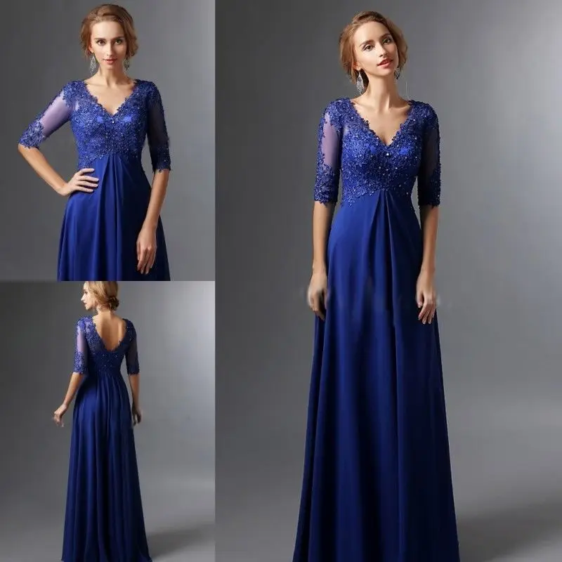 Top Trends: Plus Size Royal Blue 2018 Mother Of The Bride Dresses A-line V-neck Half Sleeves Chiffon Lace Long Elegant Groom Mother Dresses Shoppable Styles