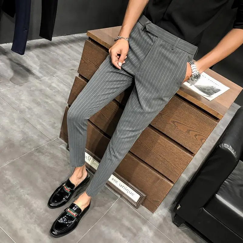 Top Trends: 28-36 Men Dress Pants Slim Fit Streetwear Striped Workout Ankle Trouser Male Fashion Summer Office Trousers Men Skinny Buttom Shoppable Styles