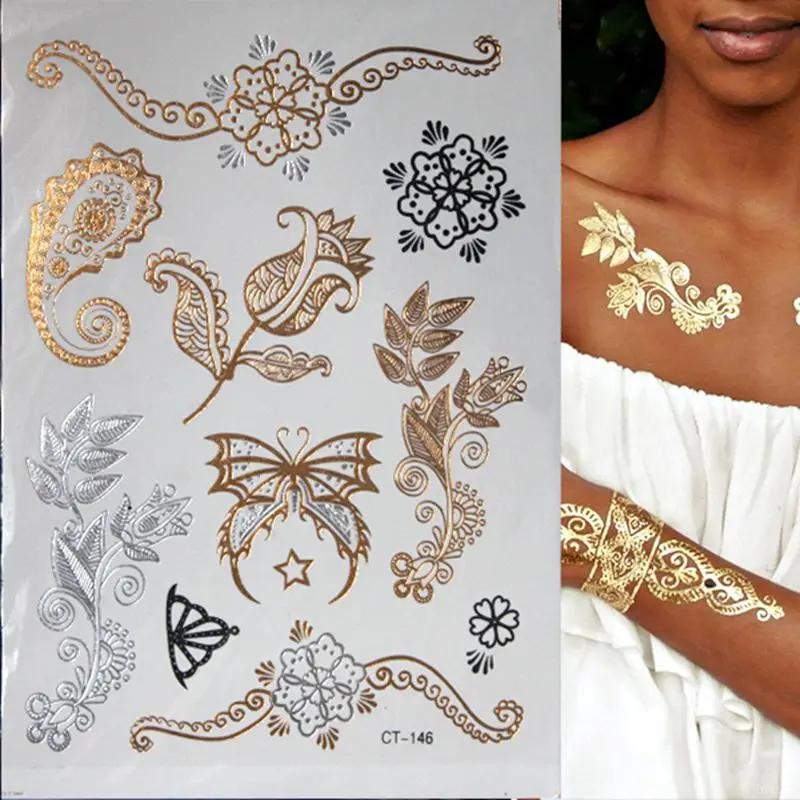 Top Trends: Hot Flash Metallic Waterproof Temporary Tattoo Gold Silver Tatoo Women Henna Flower Taty Design Tattoo Sticker Shoppable Styles