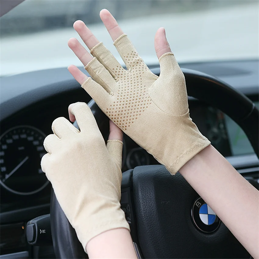 Top Trends: Suede Sunscreen Gloves Men And Women Summer Thin Short Half Finger Driving Anti-Slip Sweat Gloves 5-SZ007W Shoppable Styles