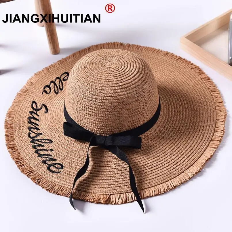 Top Trends: Handmade Weave Letter Sun Hats For Women Black Ribbon Lace Up Large Brim Straw Hat Outdoor Beach Hat Summer Caps Chapeu Feminino Shoppable Styles