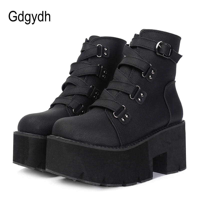 Top Trends: Gdgydh Spring Autumn Ankle Boots Women Platform Boots Rubber Sole Buckle Black Leather PU High Heels Shoes Woman Comfortable Shoppable Styles