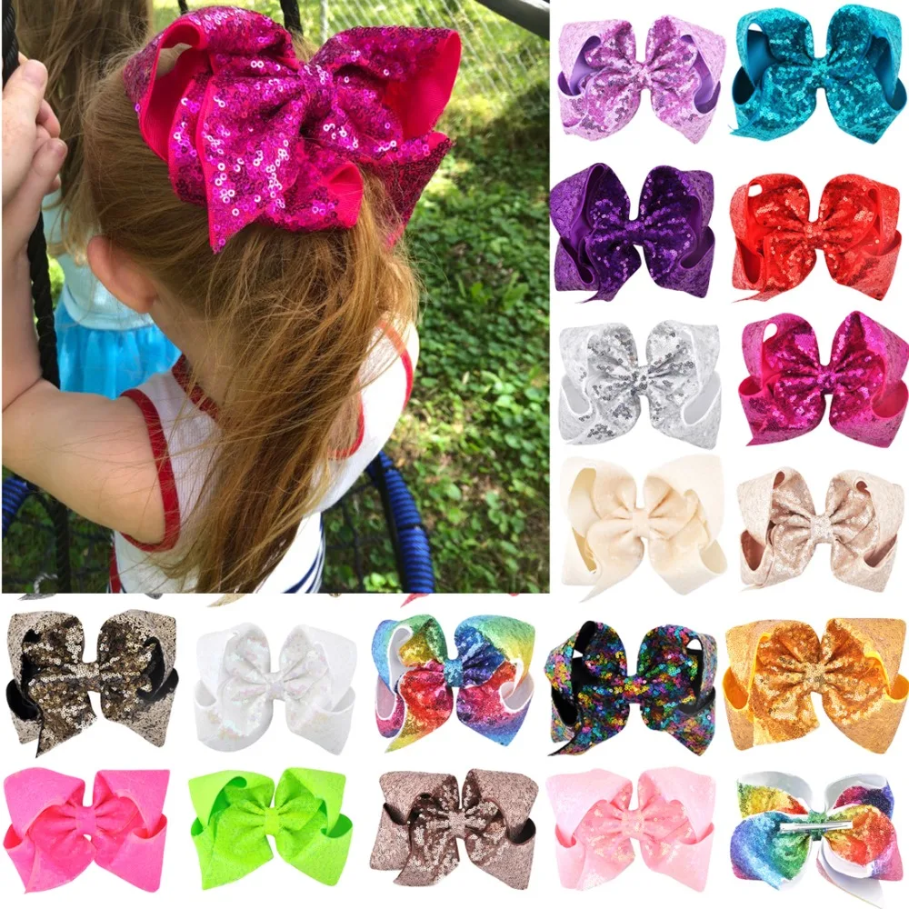 Top Trends: Lovely 8 Inch / 6 Inch Children Girls Rainbow Large Big Hair Bow Sequins Hair Accessories Women Shining Alligator Party Hair Clips Shoppable Styles