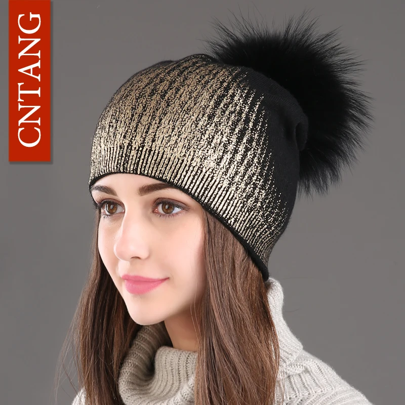 Top Trends: 2021 New Winter Beanies Ladies Knitted Wool Warm Hats Fashion Pom Pom Real Raccoon Fur Caps Skullies Hat For Women Print Fur Cap Shoppable Styles