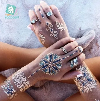 Top Trends: Rocooart Flash Metallic Waterproof Temporary Tattoo Gold Silver Tatoo Women Henna Flower Taty Indian Arabic Tattoo Sticker Shoppable Styles