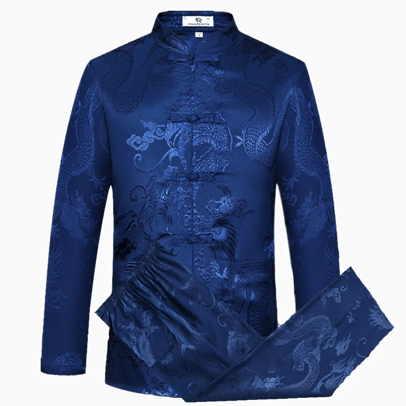 Top Trends: Blue Chinese Traditiona Men&#039;s Tang Suit Sets Long Sleeve Long Pants Dragon Kung Fu Suit High Quality Silk Wu Shu Tai Chi Sets Shoppable Styles