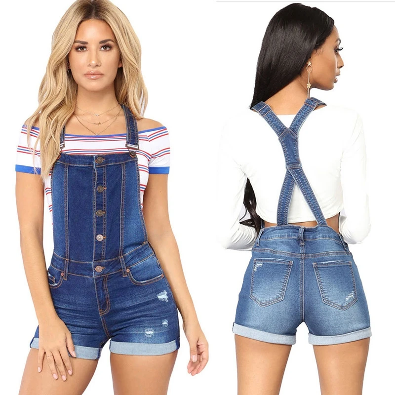 Top Trends: Short Denim Overalls Women Hole Jumpsuit High Waist Casual Jeans Playsuit Washed Salopette Straps 2019 Summer Romper Shoppable Styles