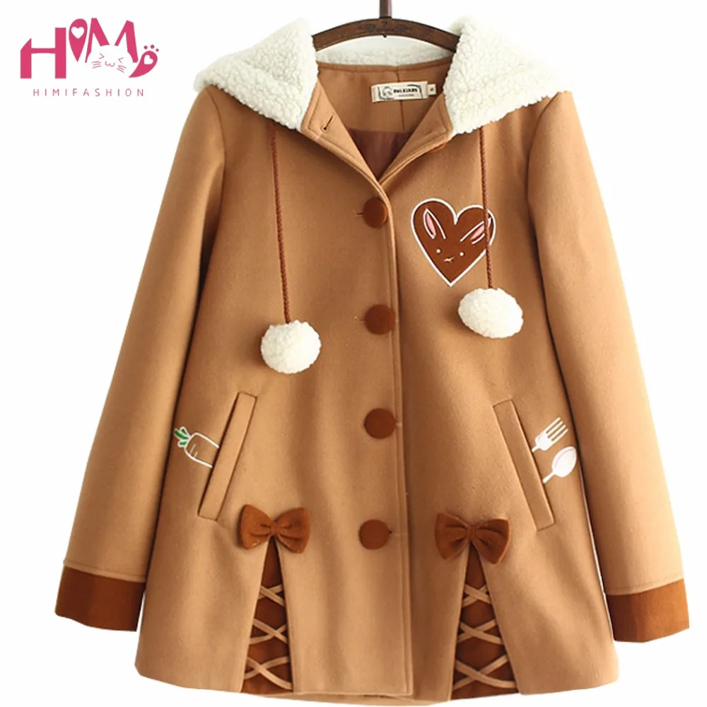 Top Trends: Japanese Soft Sister Cute Radish Embroidered Women Woolen Hooded Coat 2023 Winter Casual Bow Sweet Kawaii Loose Brown Jackets Shoppable Styles