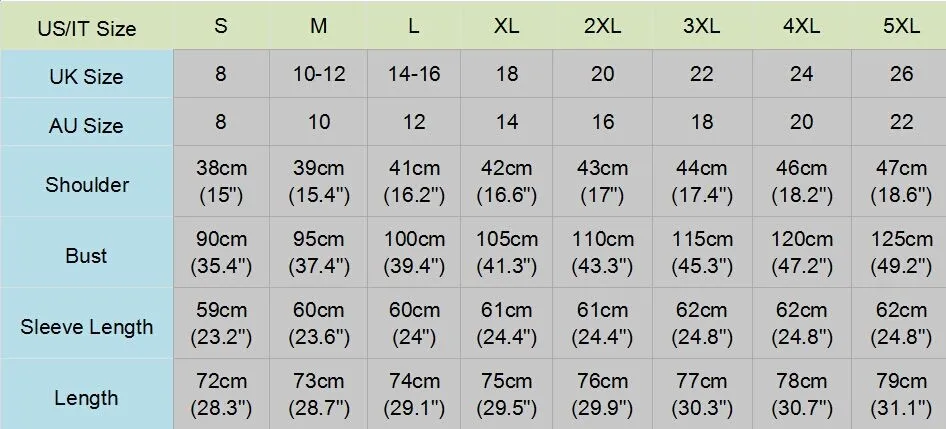 suuruste tabel naiste kampsunitele, sisaldab mõõte õlgadele, rinnale, varrukatele ja pikkusele