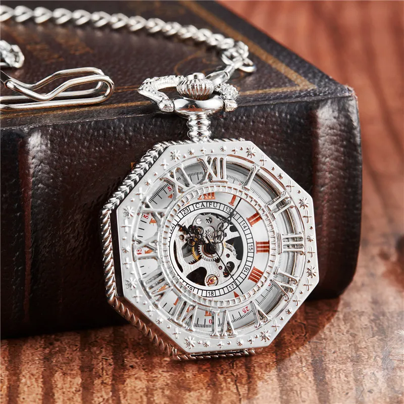 Top Trends: New Hand Winding Mechanical Pocket Watch Men Chain Fashion Silver Octagon Shape Skeleton Carving Men Fob Watches Christmas Gifts Shoppable Styles