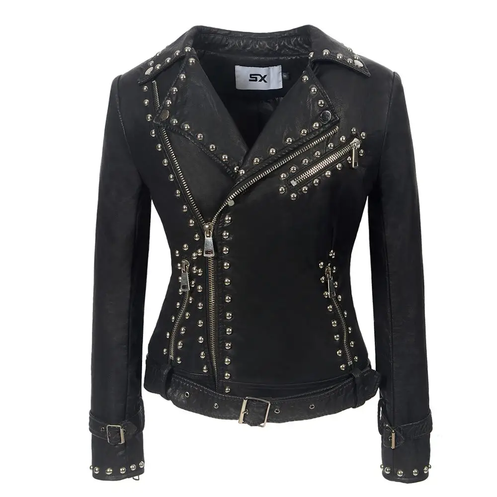 Top Trends: SX Gothic PU Faux Leather Belt Rivet Jacket Women Autumn Winter Fashion Motorcycle Jacket Black PUNK Outerwear 2019 Shoppable Styles