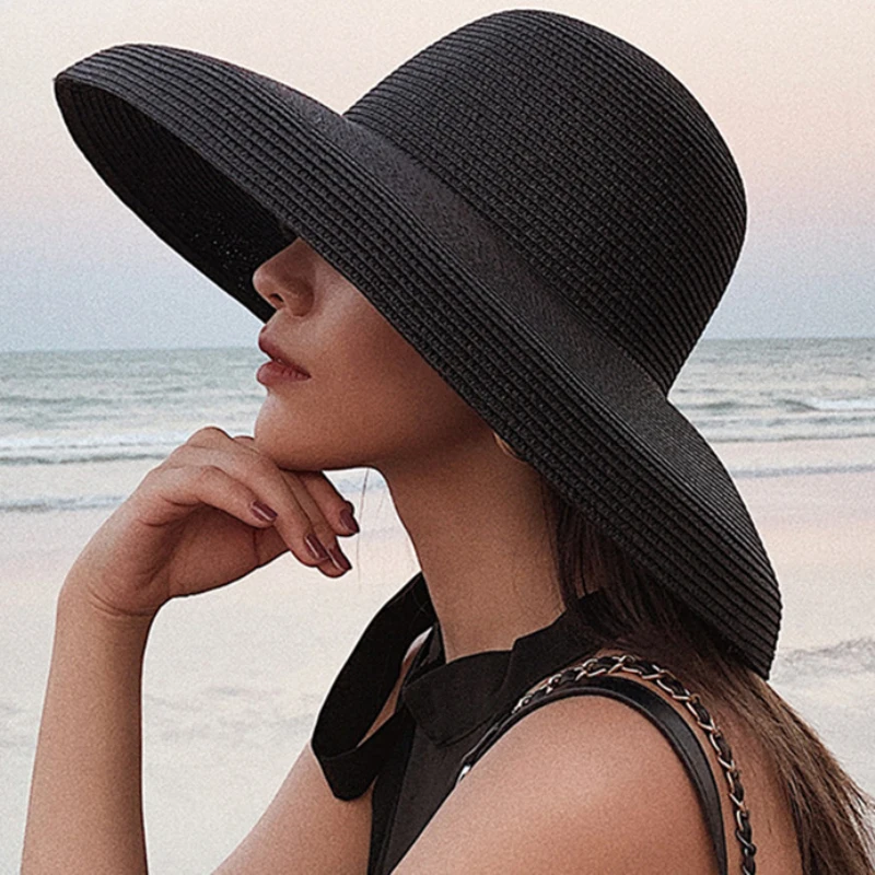 Top Trends: HT2303 2023 New Summer Sun Hats Ladies Solid Plain Elegant Wide Brim Hat Female Round Top Panama Floppy Straw Beach Hat Women Shoppable Styles