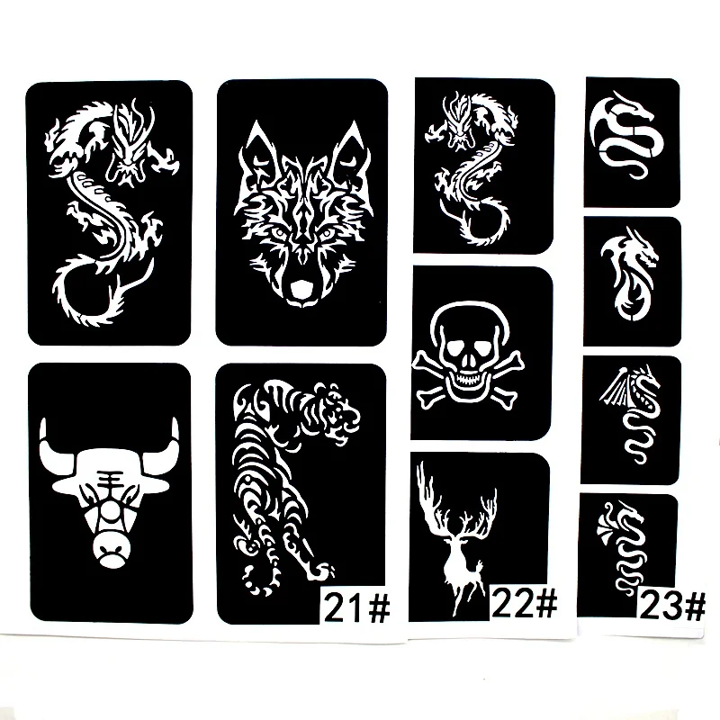 Top Trends: 22PCS / Lot Glitter Airbrush Tattoo Stencil For Men Wolf Dragon Tiger Skull Animal Tattoo Templates For Arm Body Painting Shoppable Styles