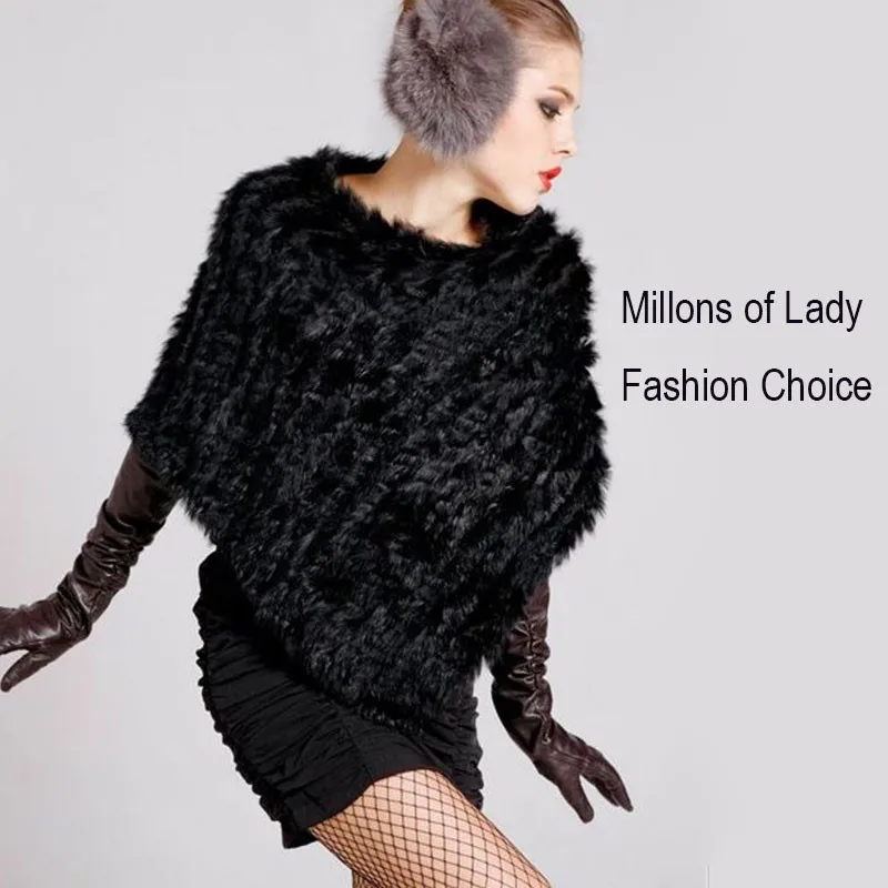 HSPL Fur Poncho 2022 Autumn Real Rabbit Hot Sale Triangle Knitted Women Pullover Lady Pashmina Wrap poncho pele de coelho 8
