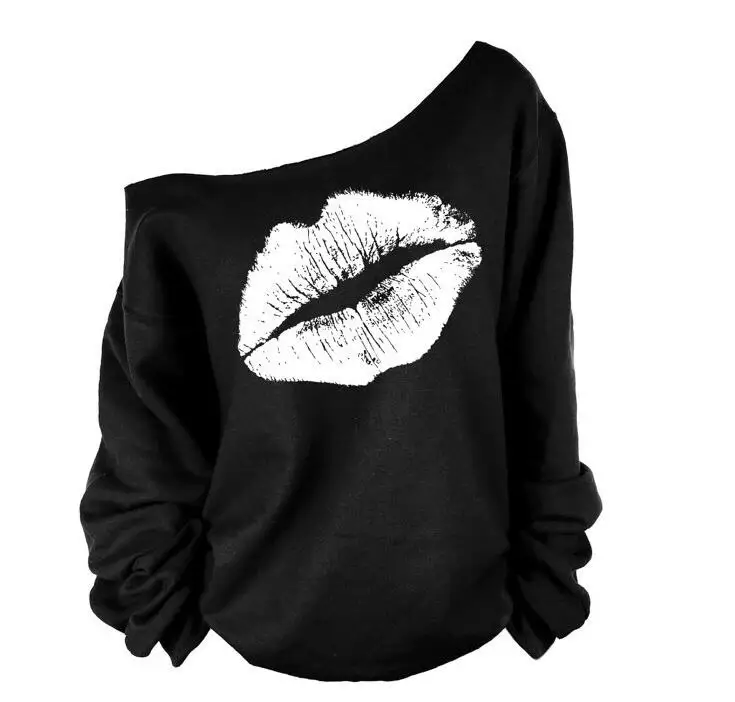 Top Trends: New Women Long-sleeved Printing Big Lips Sexy Oblique Shoulder Tops Shoppable Styles