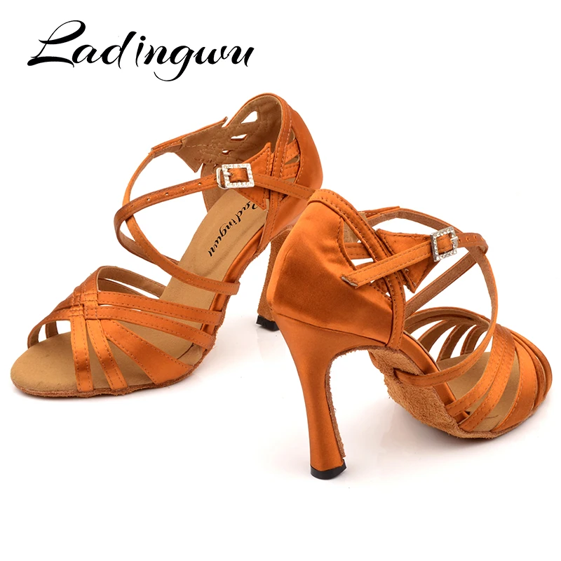 Top Trends: Ladingwu New Brand Latin Dance Shoes Women Salsa Bronze Silk Satin Dance Shoes Girls Ladys Ballroom Dance Shoes Cuban Heel 10cm Shoppable Styles