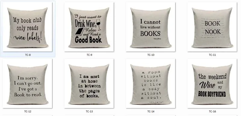 kaheksa erineva tekstiga padjapüüri komplekt, millel on lugemise ja raamatute teemalised tsitaadid