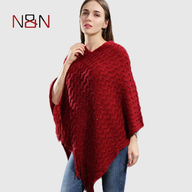 Top Trends: New Pullover Women Poncho Plus Size Batwing Solid Striped Sequins Scarf Winter Thick Tassel Sweater Sleeve Poncho And Capes Shoppable Styles