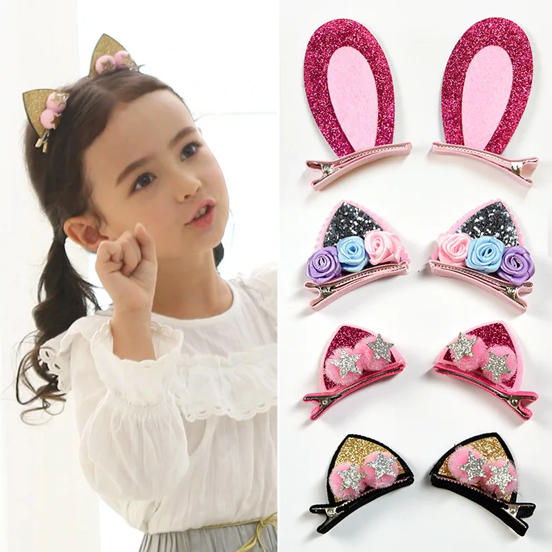 Top Trends: 2pcs / Set Cute Hair Clips For Girls Glitter Rainbow Felt Fabric Flowers Hairpins Cat Ears Bunny Barrettes Kids Hair Accessories Shoppable Styles