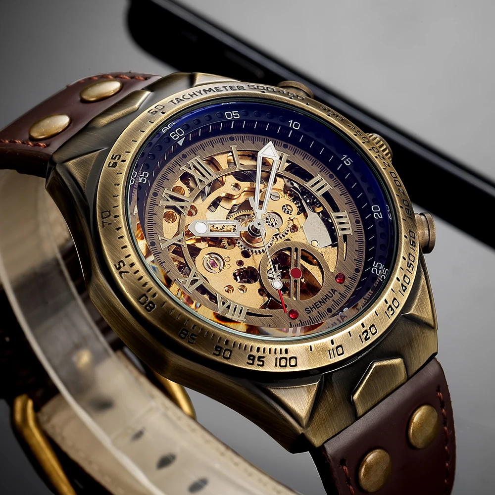 Top Trends: Men Mechanical Watches SHENHUA Vintage Bronze Sport Luxury Top Brand Leather Watch Skeleton Automatic Watches Relogio Masculino Shoppable Styles