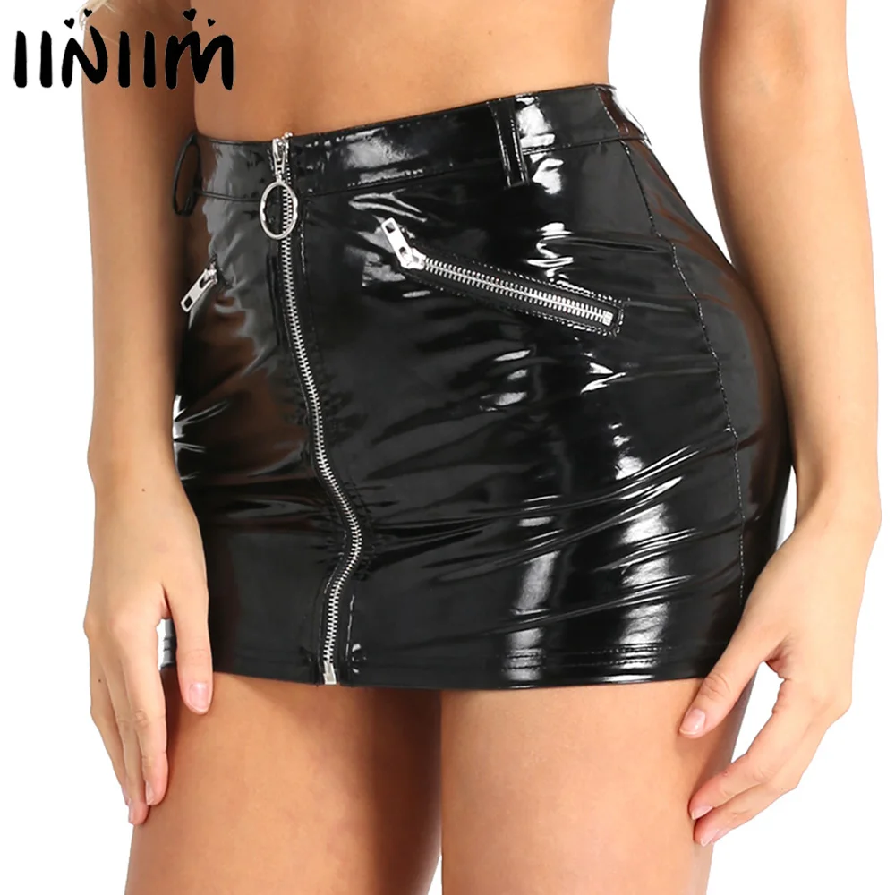 Top Trends: Women Ladies Wetlook Costumes Femme Skirts Stretchy Faux Leather Fake Zipper Pockets Bodycon Sexy Club Mini Skirt Party Clubwear Shoppable Styles