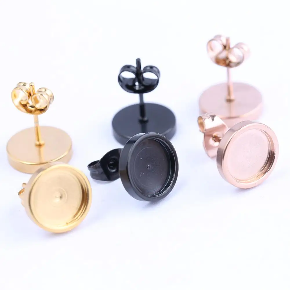 Top Trends: 10pcs Rose Gold Black Stainless Steel Post Stud Earring Base Settings 6mm 8mm 10mm Dia Blank Cabochon Bezel Findings Shoppable Styles