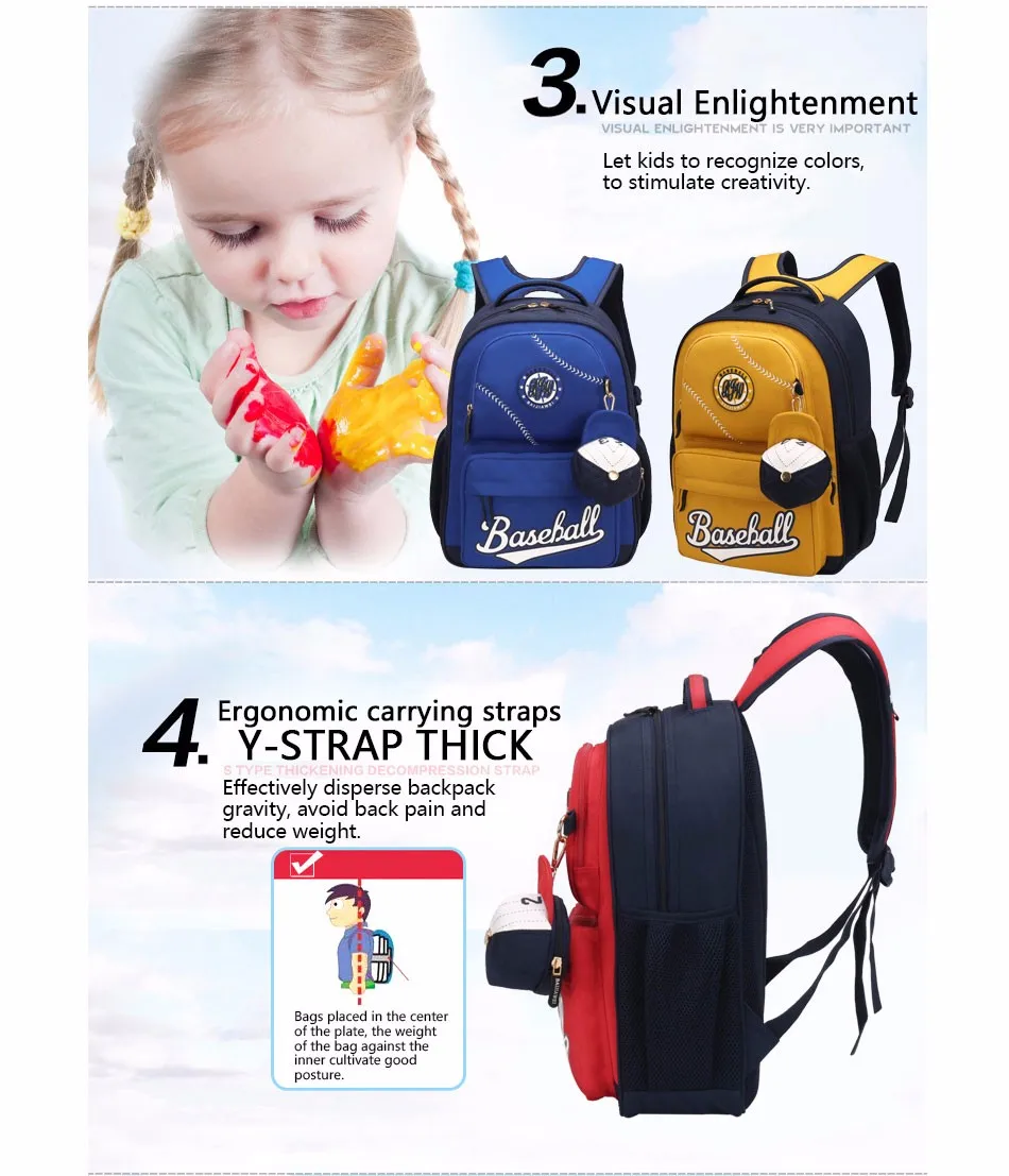 kaks seljakotti, sinine ja kollane, baseball-kirjaga, lapse kõrval