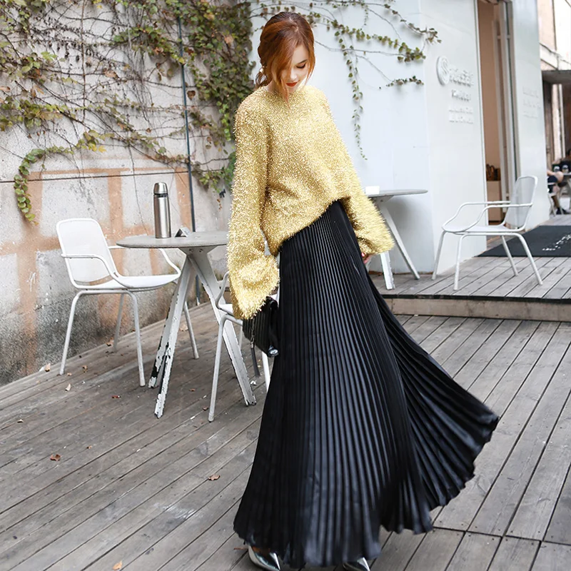 Top Trends: 2023 Vintage Silver Black Skirt Metal Solid Flared Maxi Skirt Beach Long Pleated Skirts High Waist Female Quality Women Saia Shoppable Styles